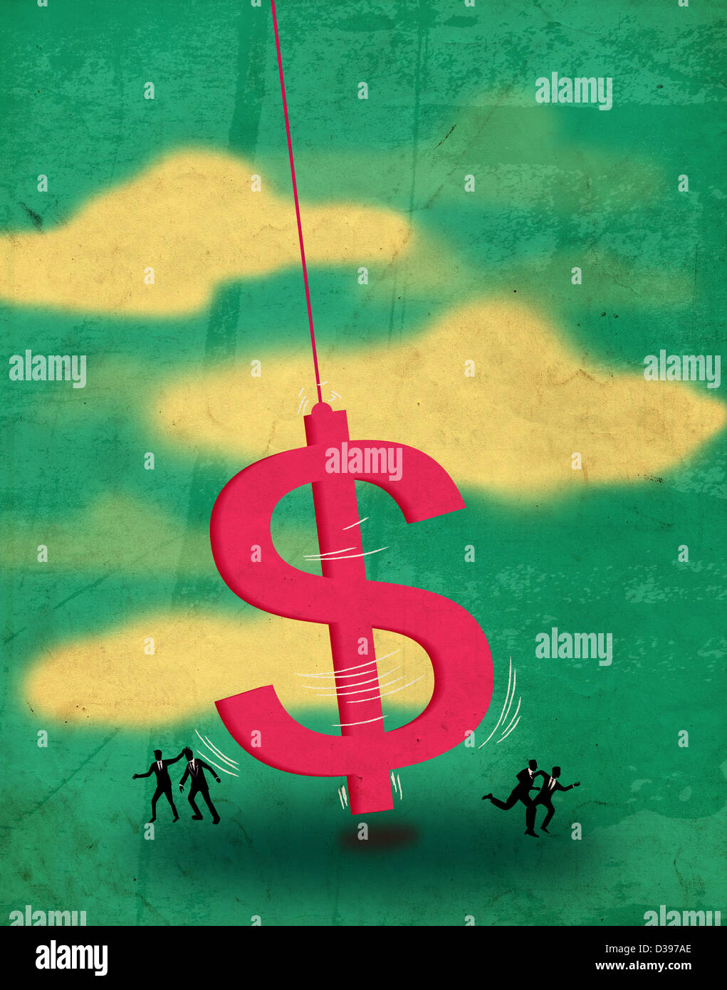 Illustrazione di un dollaro di grandi dimensioni a forma di oscillazione del pendolo con le persone che eseguono lontano Foto Stock