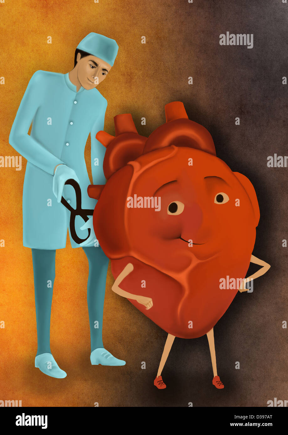 Illustrazione biomedica del chirurgo whirling wind-up chiave del cuore che raffigura il trattamento del cuore Foto Stock