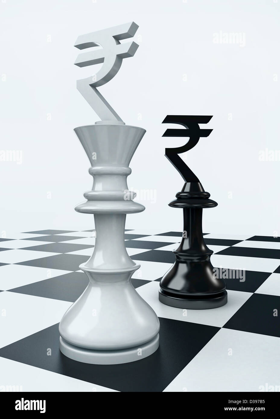 Inquadratura concettuale del simbolo di valuta su pezzi di scacchi che rappresentano il partenariato Foto Stock