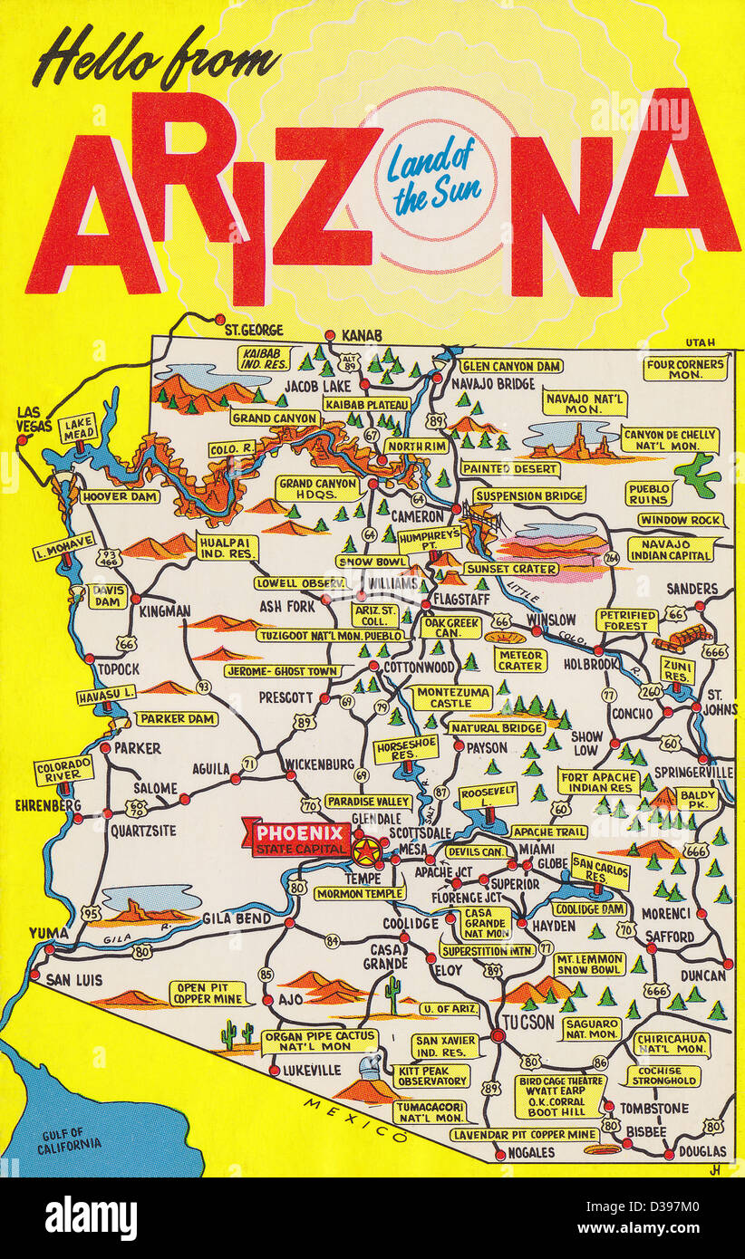 Arizona mappa postcard, intorno al 1950 Foto Stock