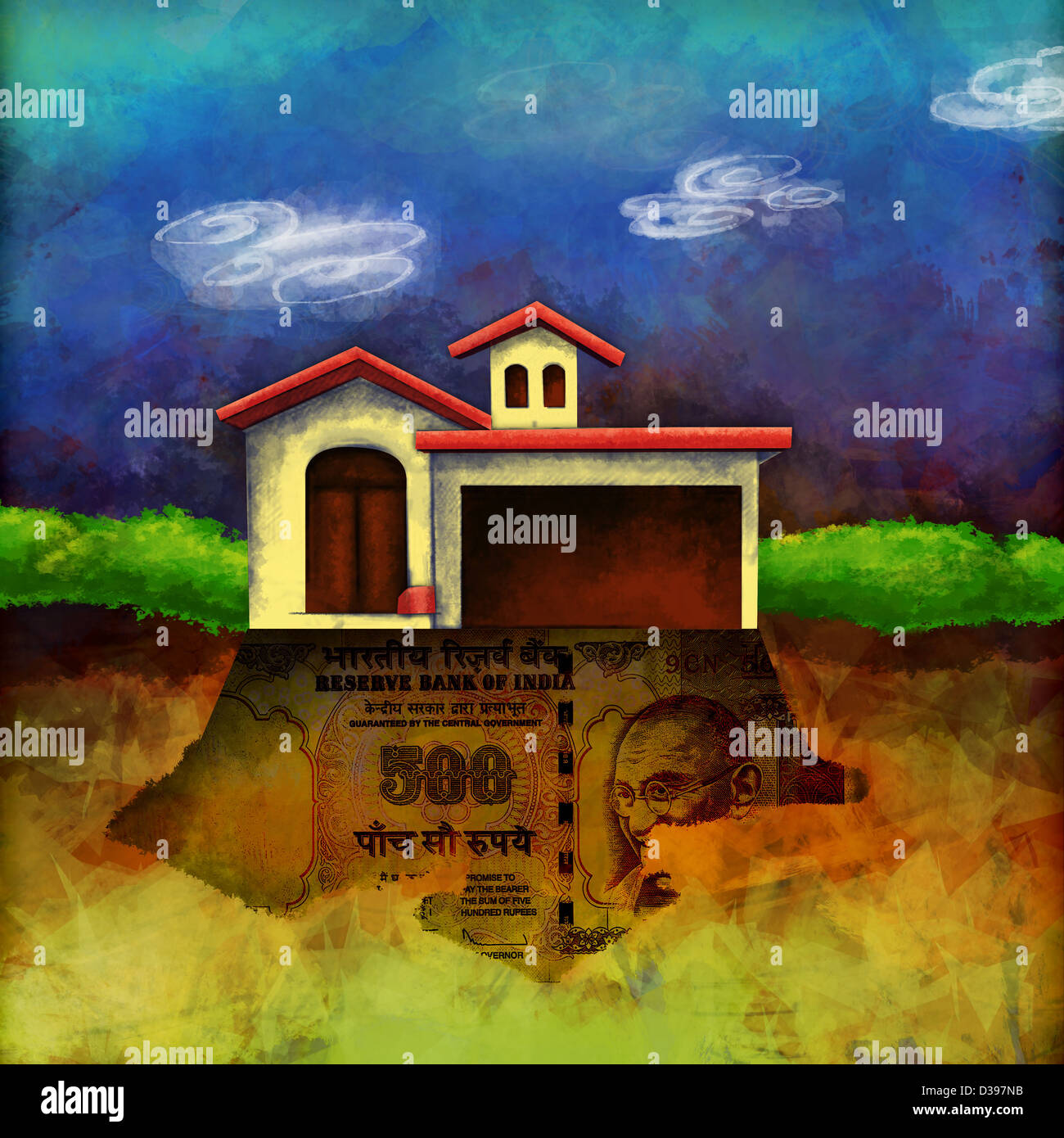 Indian carta moneta formando ombra di casa sotto la preclusione Foto Stock