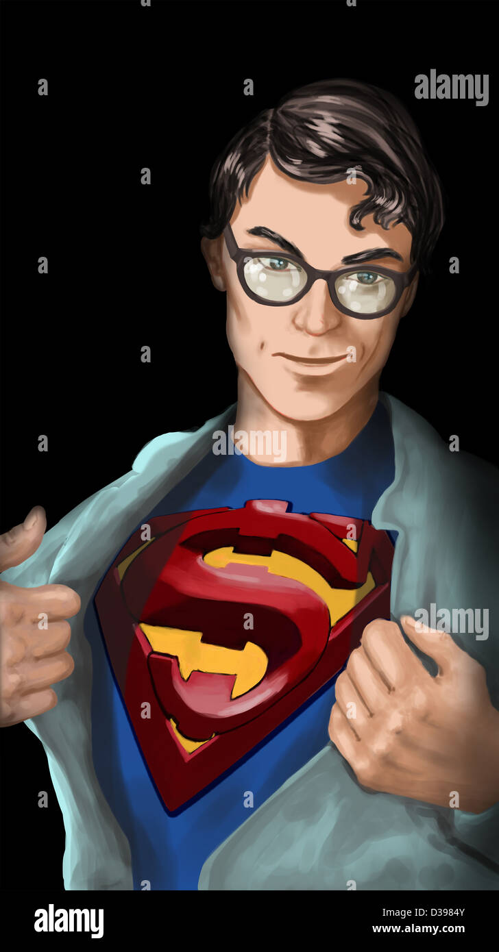Un uomo d affari con apertura a strappo la sua camicia a rivelare un dollaro segno raffigurante superman Foto Stock