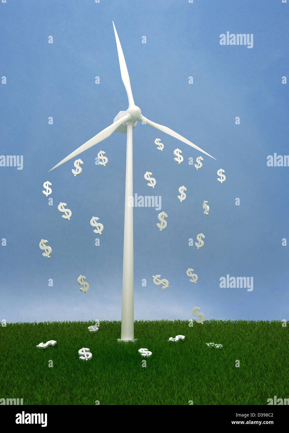 Il simbolo del dollaro in caduta da turbine eoliche contro il cielo chiaro che raffigura il concetto di profitto in ecologia Foto Stock