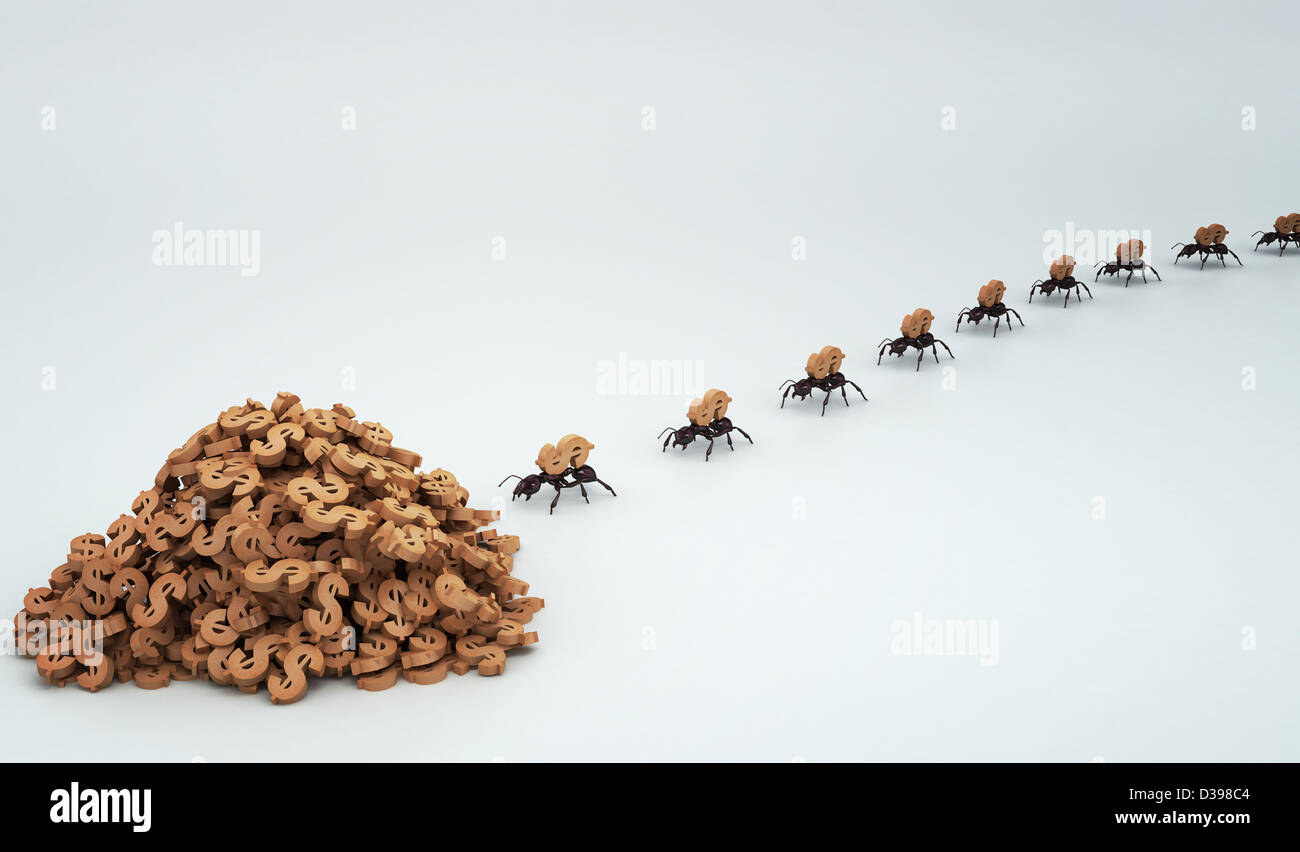 Fila di formiche raccolta di dollar sign isolate su sfondo colorato raffigurante il lavoro di squadra Foto Stock