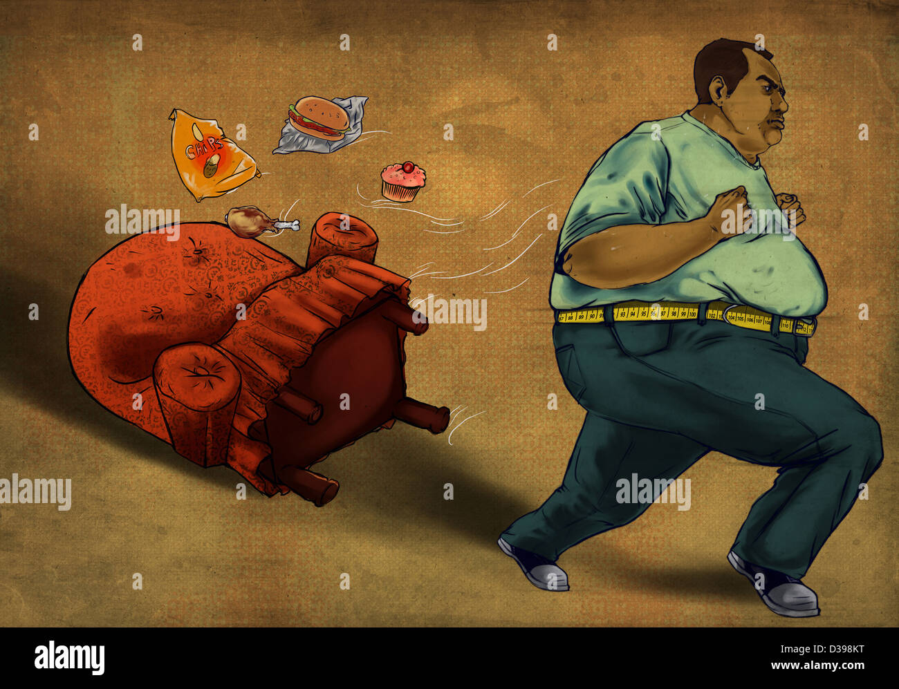 Uomo obesi in esecuzione con prodotti alimentari e la poltrona su sfondo colorato che raffigura il concetto di perdita di peso Foto Stock