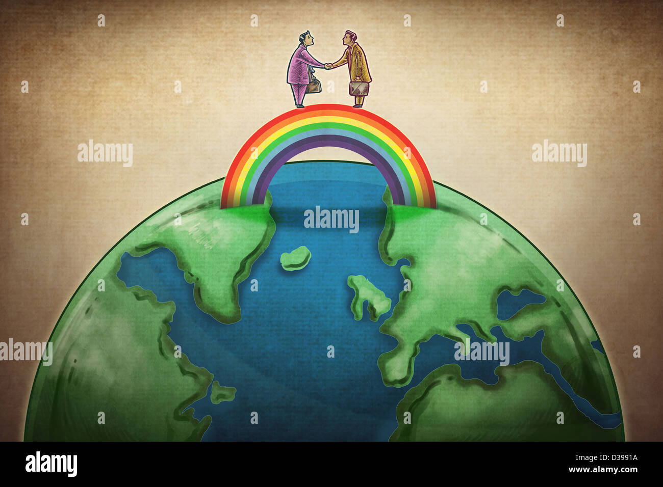 Immagine illustrativa di uomini di affari che stringono le mani su rainbow al di sopra di globe Foto Stock