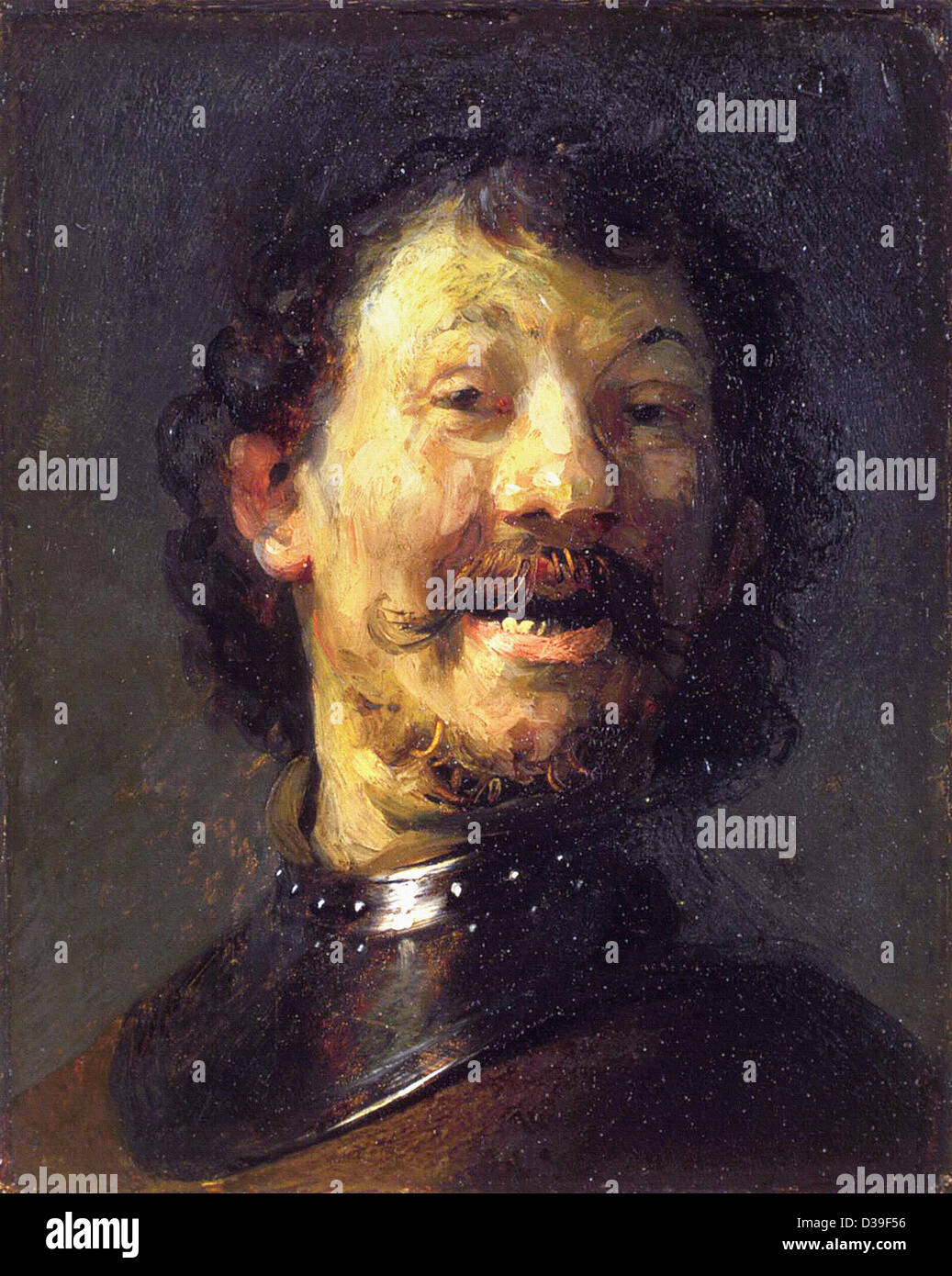 Rembrandt van Rijn, il busto di un Laughing Man in un Gorget. 1630 olio su pannello. Il barocco. Il Mauritshuis, l'Aia. Foto Stock