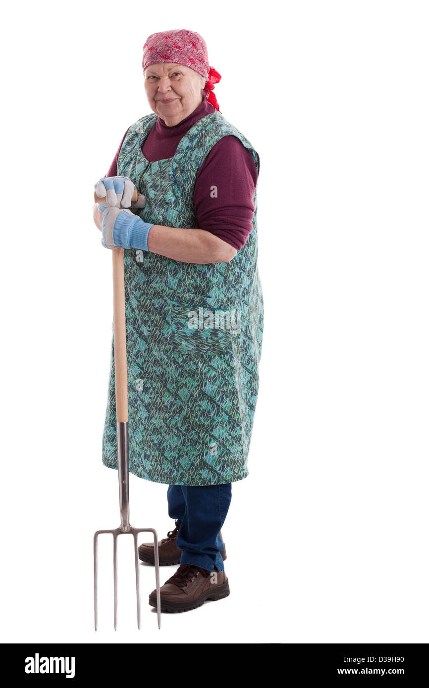 Una femmina lusty senior con forcone guarda al visualizzatore Foto Stock
