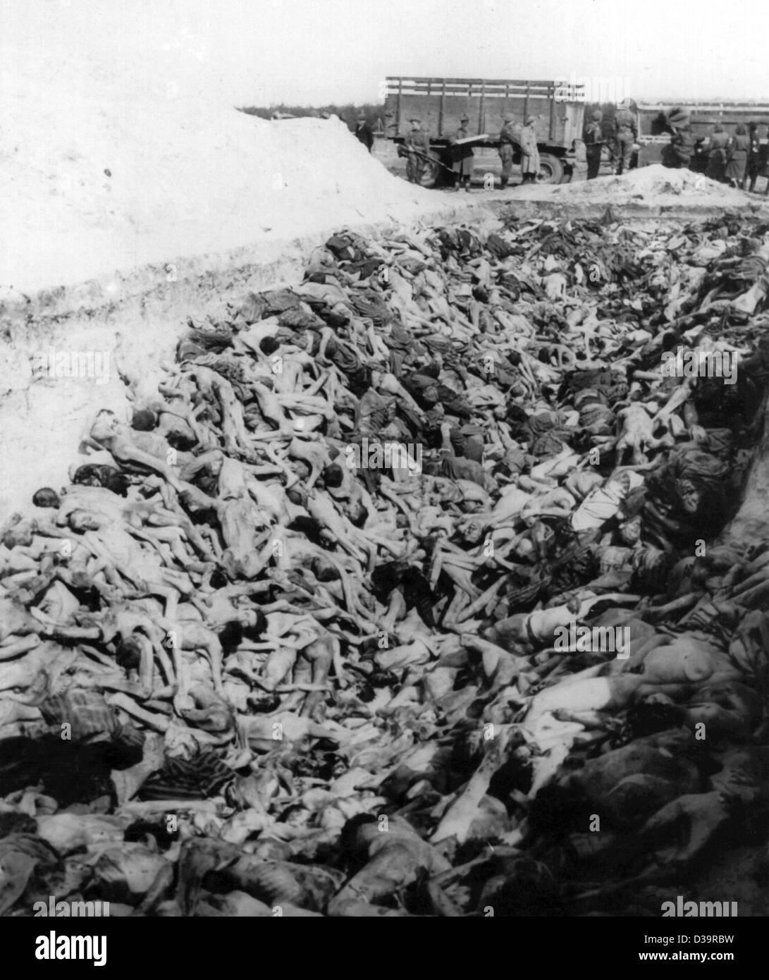 (Dpa file) - i corpi di centinaia di prigionieri che sono state uccise o sono morti di fame o di contagio sono giacenti in una fossa comune presso l'ex campo di concentramento nazista Bergen-Belsen vicino a Celle, Germania (non datato). Più di 60.000 persone hanno perso la vita nel campeggio durante il Terzo Reich. Foto Stock