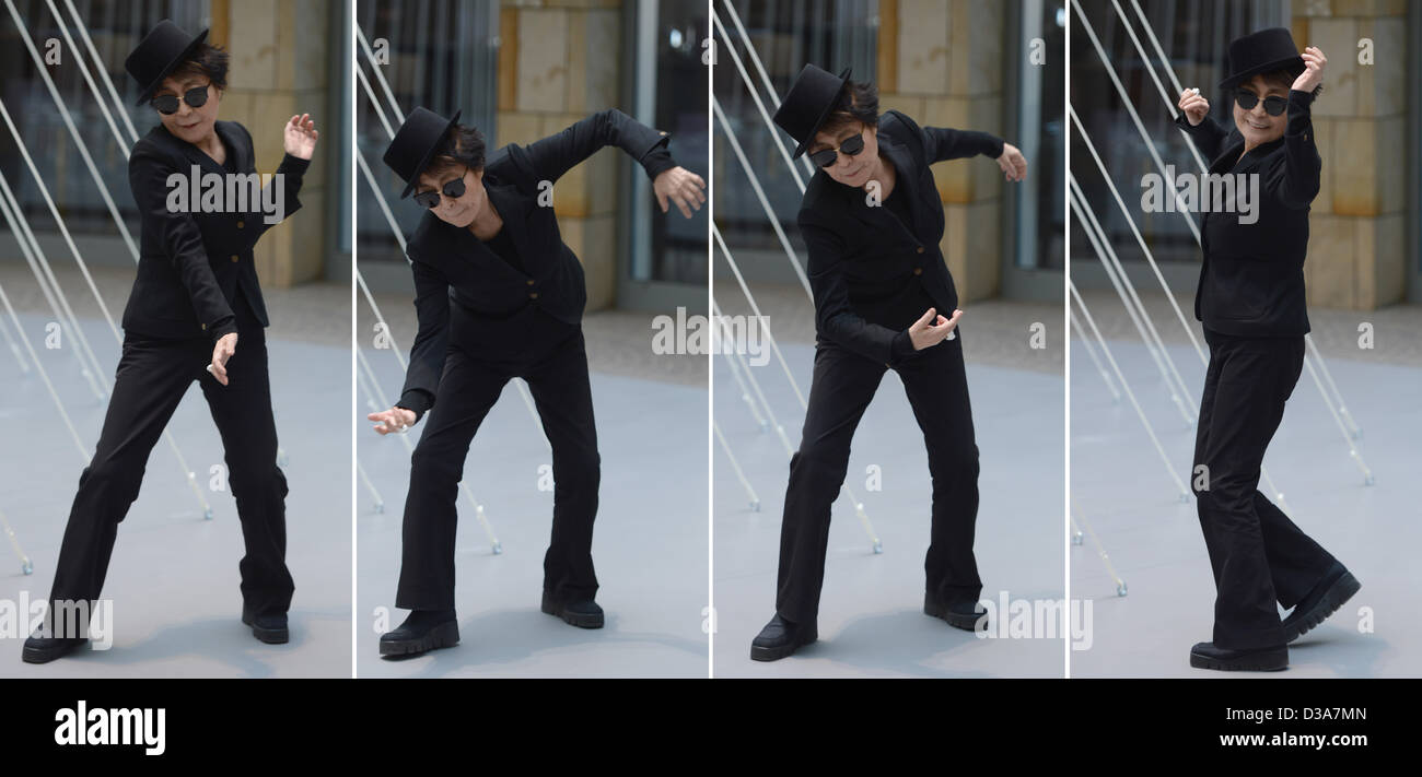 Francoforte, Germania. 14 febbraio 2013. COMBO - il composito foto mostra la vedova di Lennon Yoko Ono durante un ballo interludio in occasione di una conferenza stampa presso la Schirn Kunsthalle di Francoforte sul Meno, Germania, 14 febbraio 2013. Quattro giorni prima del suo ottantesimo compleanno l'artista apre la sua mostra 'Yoko Ono. Metà-A-vento Show' con le sue opere. Il exhibiiton è aperta fino al 12 maggio. Foto: ARNE DEDERT/dpa/Alamy Live News Foto Stock