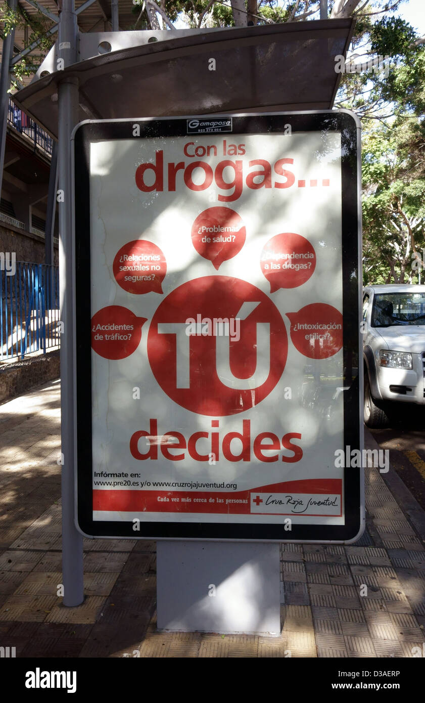 Anti droga poster da Croce Rossa in Santa Cruz de Tenerife, Isole Canarie Foto Stock