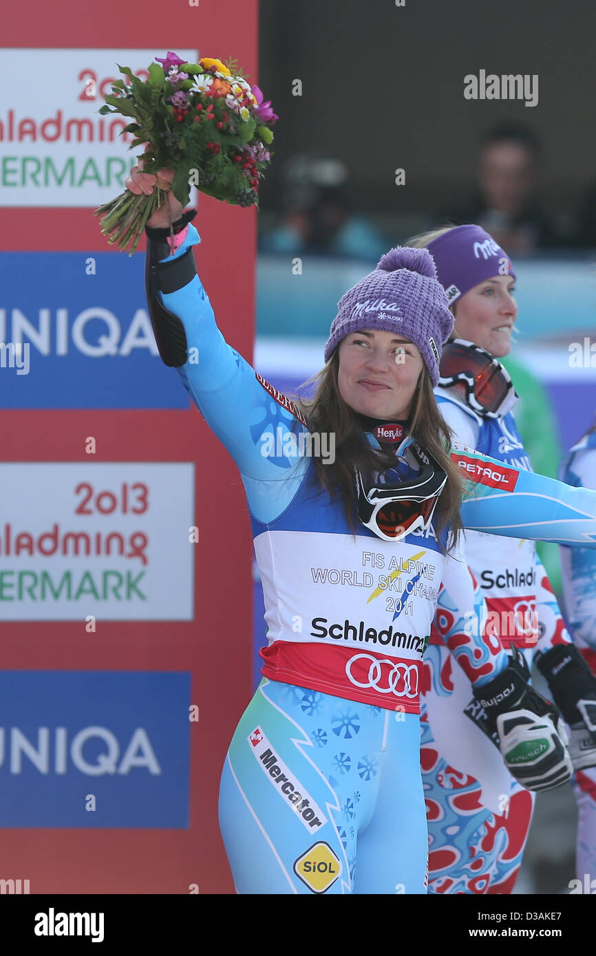 14.02.2013, Schladming, Austria. L a R Tina Maze (SLO), Tessa Worley (FRA), Anna Fenninger (AUT) in azione durante il Ladies Slalom Gigante della FIS Mondiali di Sci 2013 Foto Stock