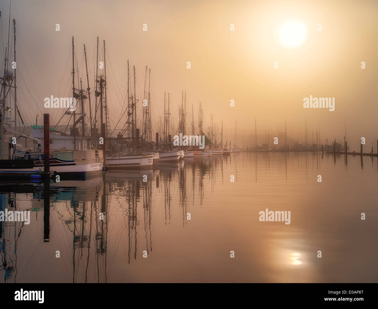 Sunrise attraverso la nebbia con barche a Newport Harbour. Oregon Foto Stock