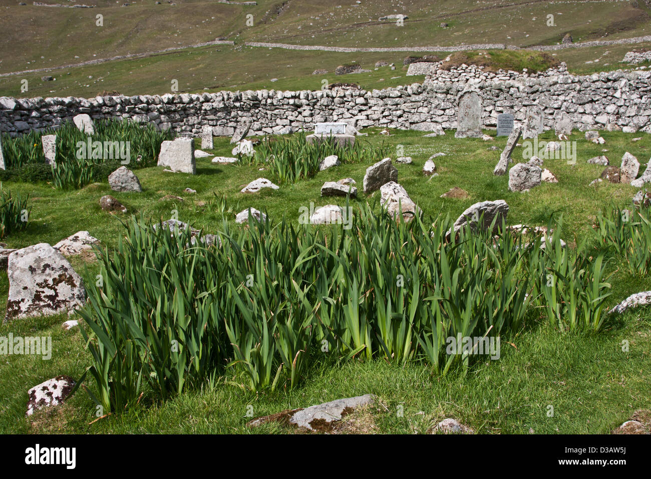 Il muro di pietra villaggio recintato cimitero sulla Hirta, St Kilda arcipelago. Foto Stock