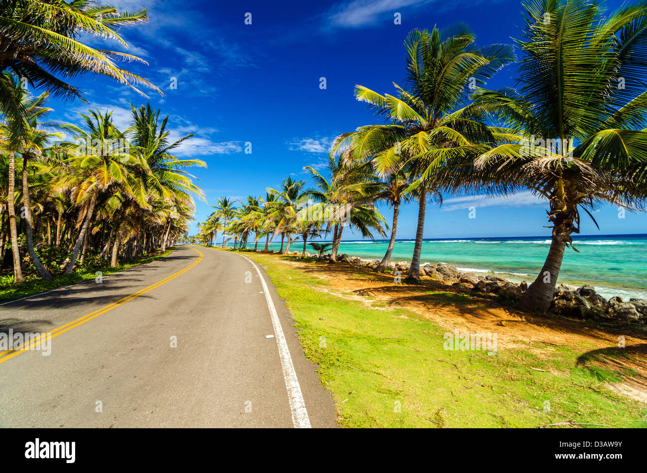 Autostrada accanto al turchese del mare dei Caraibi e le palme in San Andres, Colombia Foto Stock