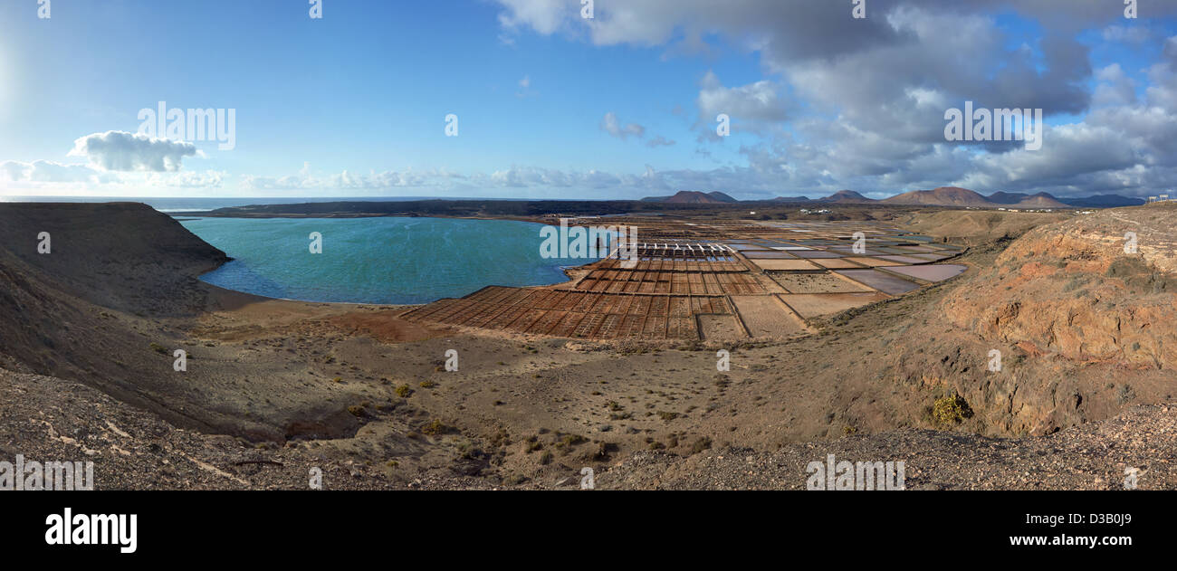 Panorama della raffineria di sale. Salinas del Janubio. Lanzarote, Isole Canarie, Spagna. Foto Stock