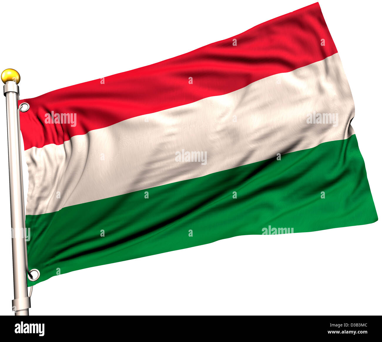 Ungheria bandiera su un palo di bandiera. Percorso di clipping incluso. Tessitura della seta visibile sulla bandiera a 100%. Foto Stock