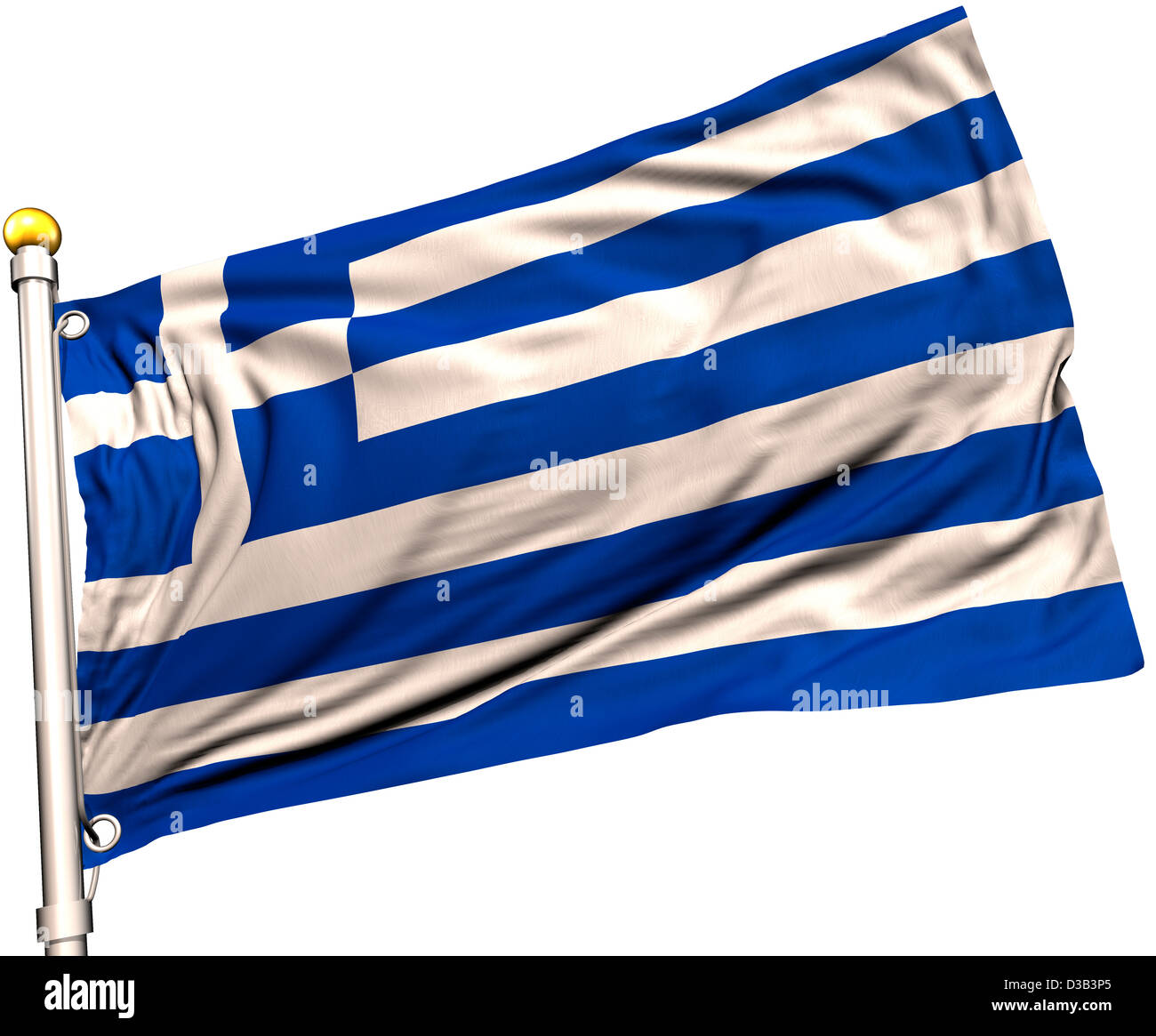 Bandiera della Grecia su una bandiera pole. Percorso di clipping incluso. Tessitura della seta visibile sulla bandiera a 100%. Foto Stock