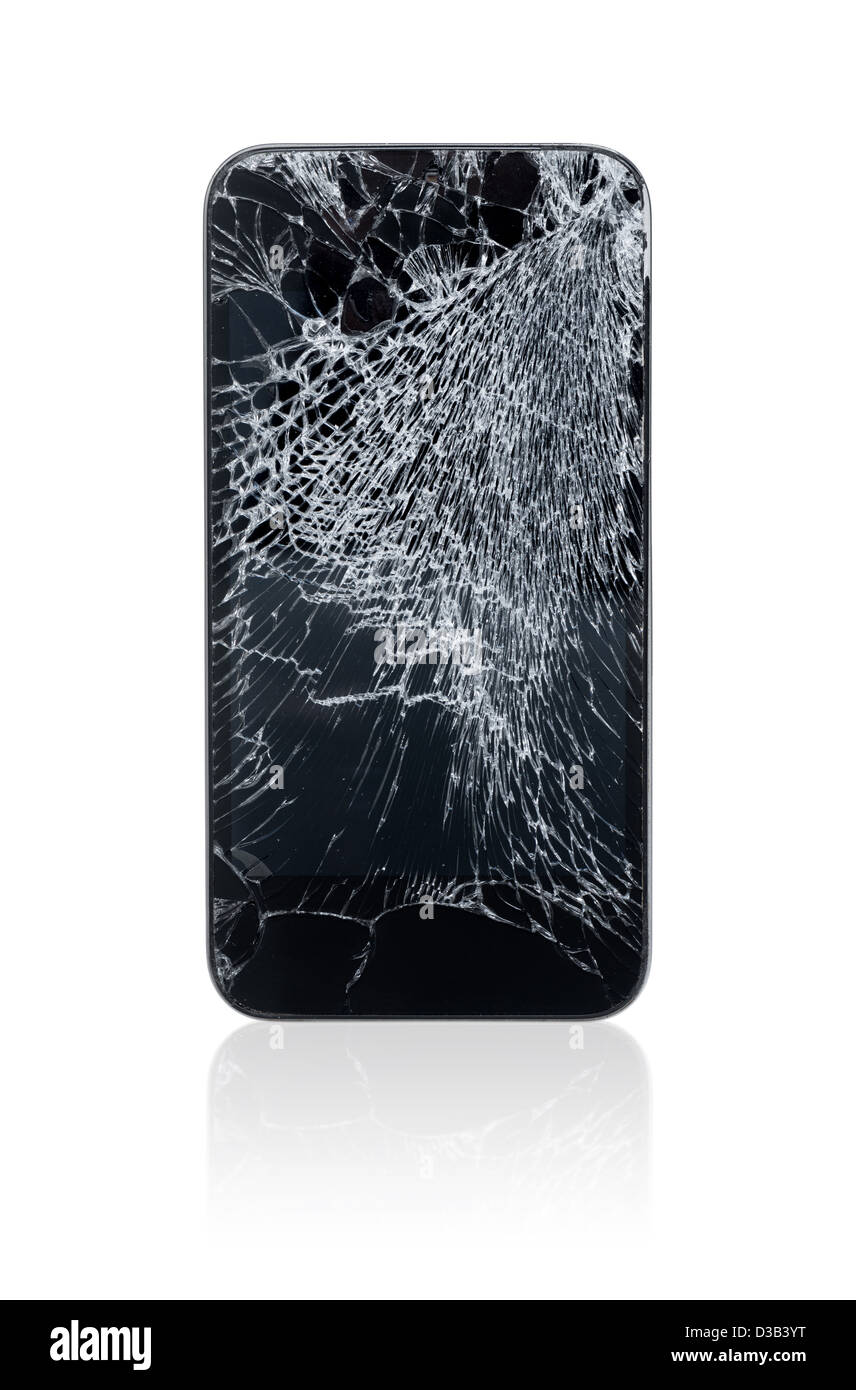 Telefono cellulare con schermo rotto isolato su bianco. Foto Stock