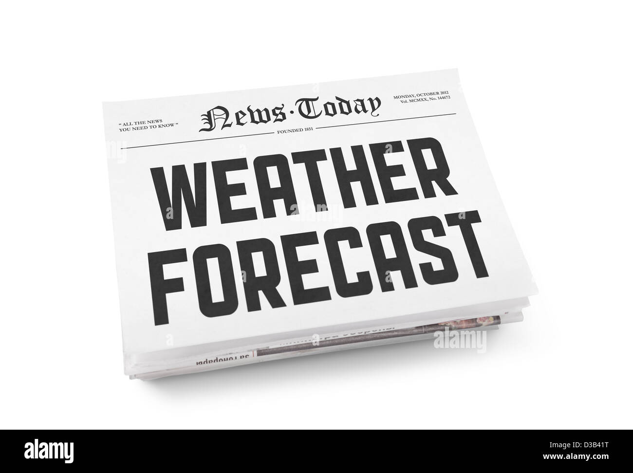 Una pila di quotidiani con il titolo "Previsioni meteo' su una pagina anteriore. Isolato su bianco. Foto Stock