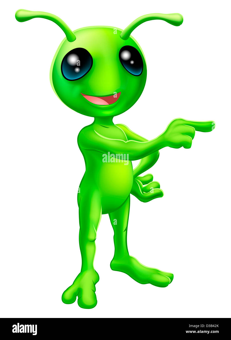 Una illustrazione di un simpatico cartoon verde alien puntando il dito e mostrando qualcosa di Foto Stock