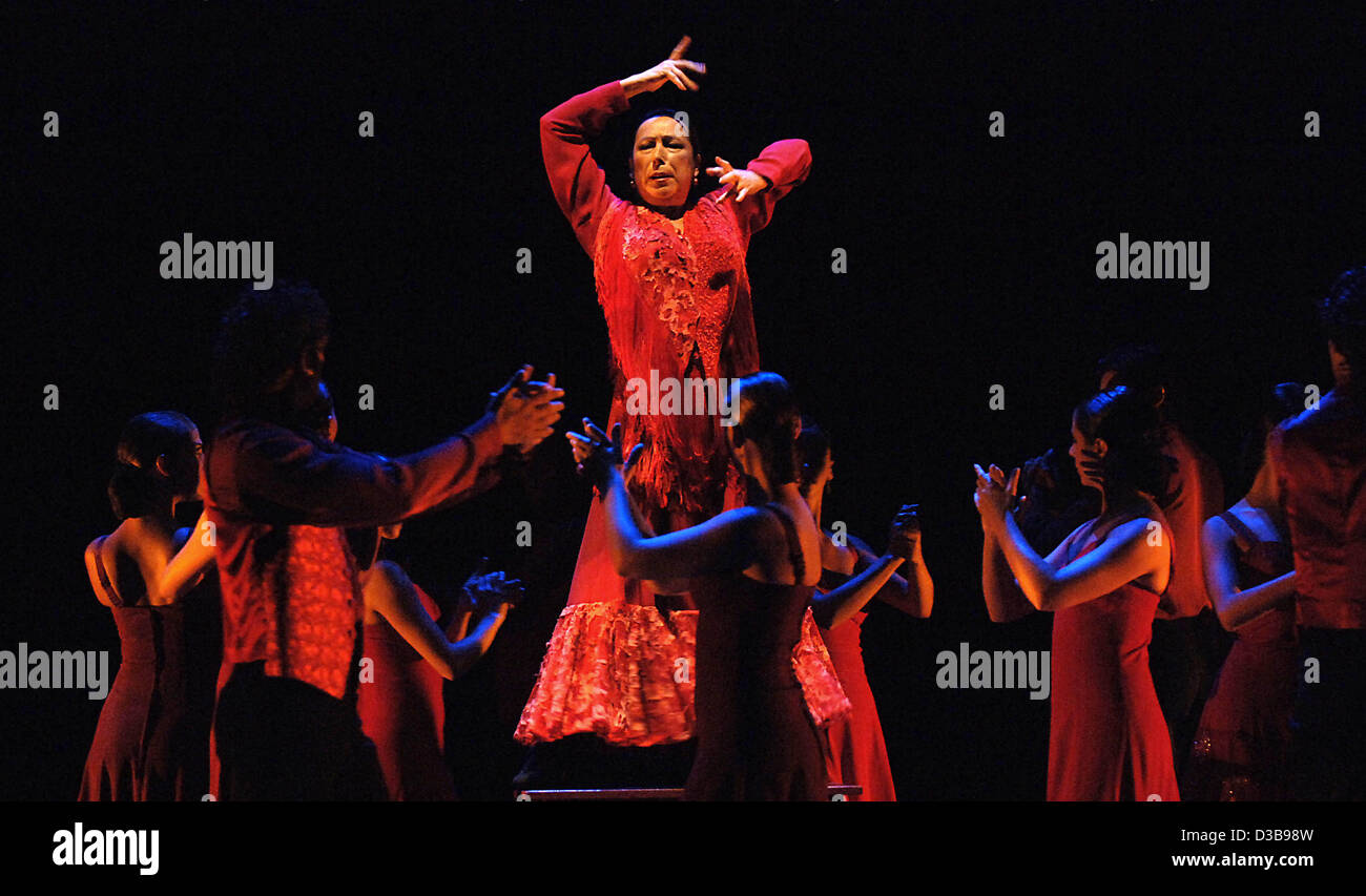 (Dpa) - l'immagine mostra il Flamenco spagnolo leggenda Cristina Hoyos durante una prova all'opera di Leipzig, Germania, 05 luglio 2005. Hoyos e il balletto "Flamenco de Andalucia " dare una valutazione prestazioni del suo nuovo film "Viaje al Sur - andando a sud' in Leipzig. Foto Stock