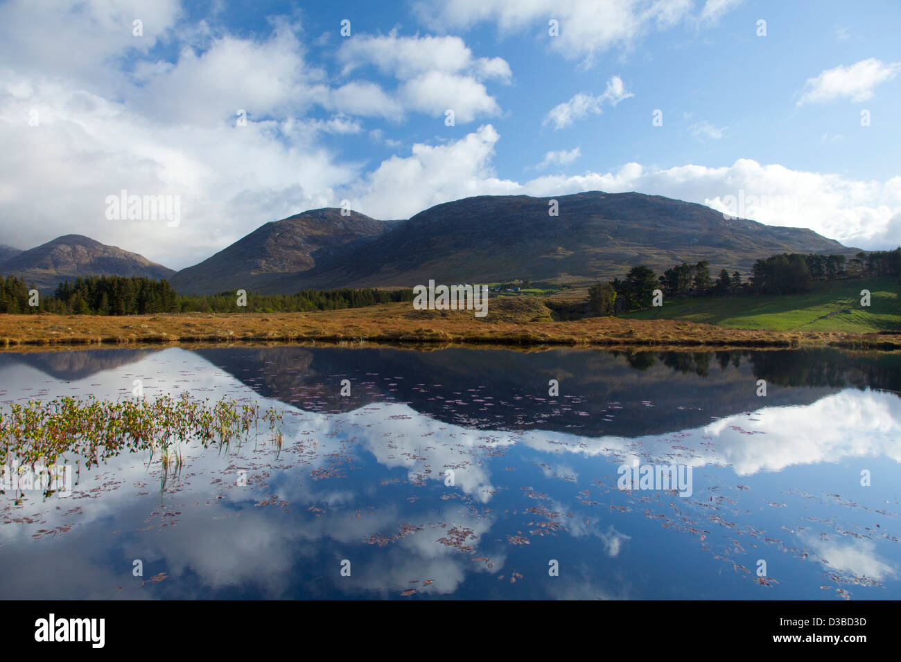 Le montagne Maumturk riflessa in un lough, Connemara, nella contea di Galway, Irlanda. Foto Stock