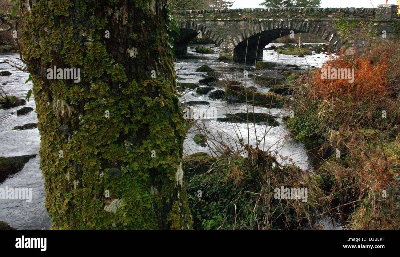 (Dpa) - Il fiume Carah passa sotto il ponte di Blackstone attraverso la valle del gap di Dunloe sull'anello di Kerry, Irlanda occidentale, 31 dicembre 2002. Il Ring of Kerry, una panoramica circle road, offre molti highlights panoramica. Si tratta di 160 km di lunghezza, che conduce intorno alla penisola di Kerry, e è Foto Stock