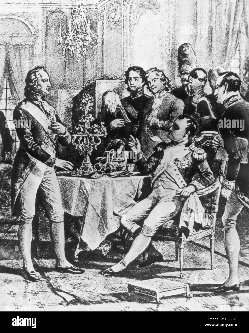 (Dpa file) - Un contemporaneo immagine mostra il tedesco poeta e romanziere Johann Wolfgang von Goethe (L) essendo ricevuti dall'imperatore francese Napoleone a Erfurt, 2 ottobre 1808 (Foto non datata). Nato a Francoforte sul Meno, il 28 agosto 1749, Goethe studiato legge a Lipsia e a Strasburgo e a condizione che la Sturm und Drang Foto Stock