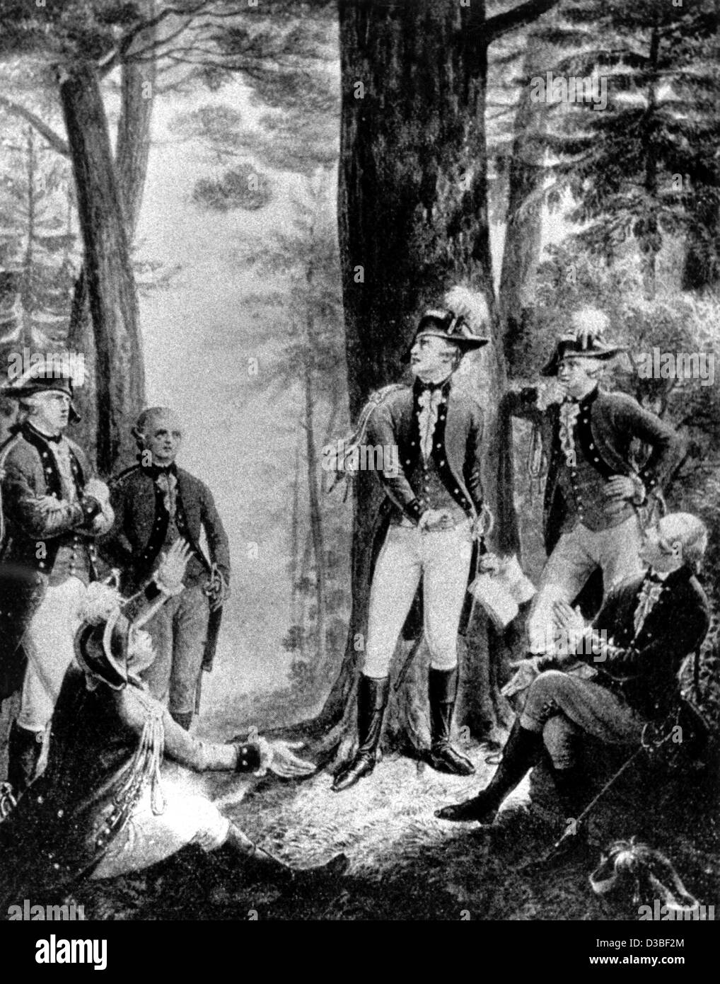 (Dpa file) - Una foto non datata mostra drammaturgo tedesco e autore di Friedrich von Schiller (C) di recitare il suo lavoro "i ladri' ai suoi compagni di scuola (L-R:) pittore Viktor Heideloff, scuptor Dannecker, studente militare Kapf, Schiller, incisore di rame Schlotterbeck e von Hoven, in un bosco vicino a Stuttga Foto Stock