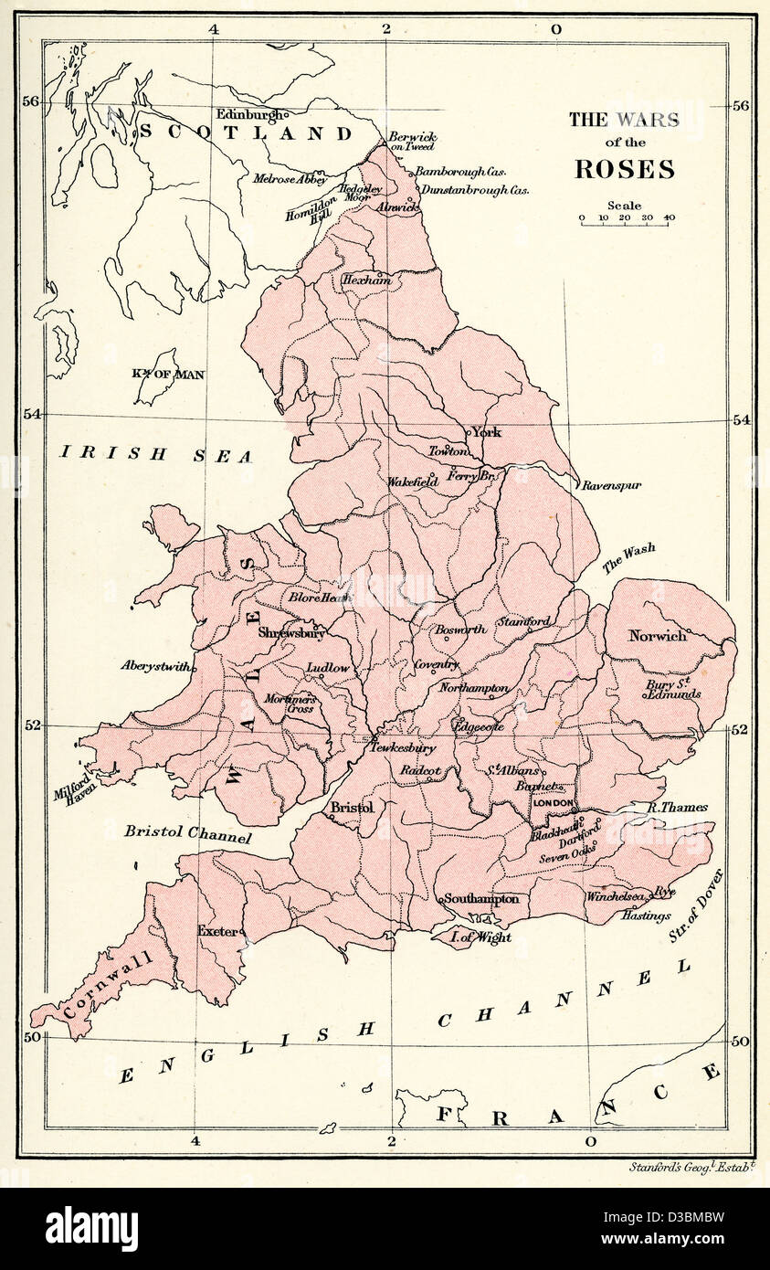 Mappa di Inghilterra che mostra posizioni importanti durante la guerra dei Roses Foto Stock