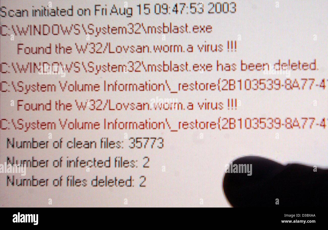(Dpa) - Lo schermo di un computer portatile visualizza il trovato computer virus 'Lovesan" di Berlino, 15 agosto 2003. In seguito al famigerato computer virus 'Lovesan' una nuova versione del virus è ora nuovamente sulla sua strada attraverso internet. Il software della società di sicurezza Kaspersky Labs da Mosca, Russia, recons con Foto Stock