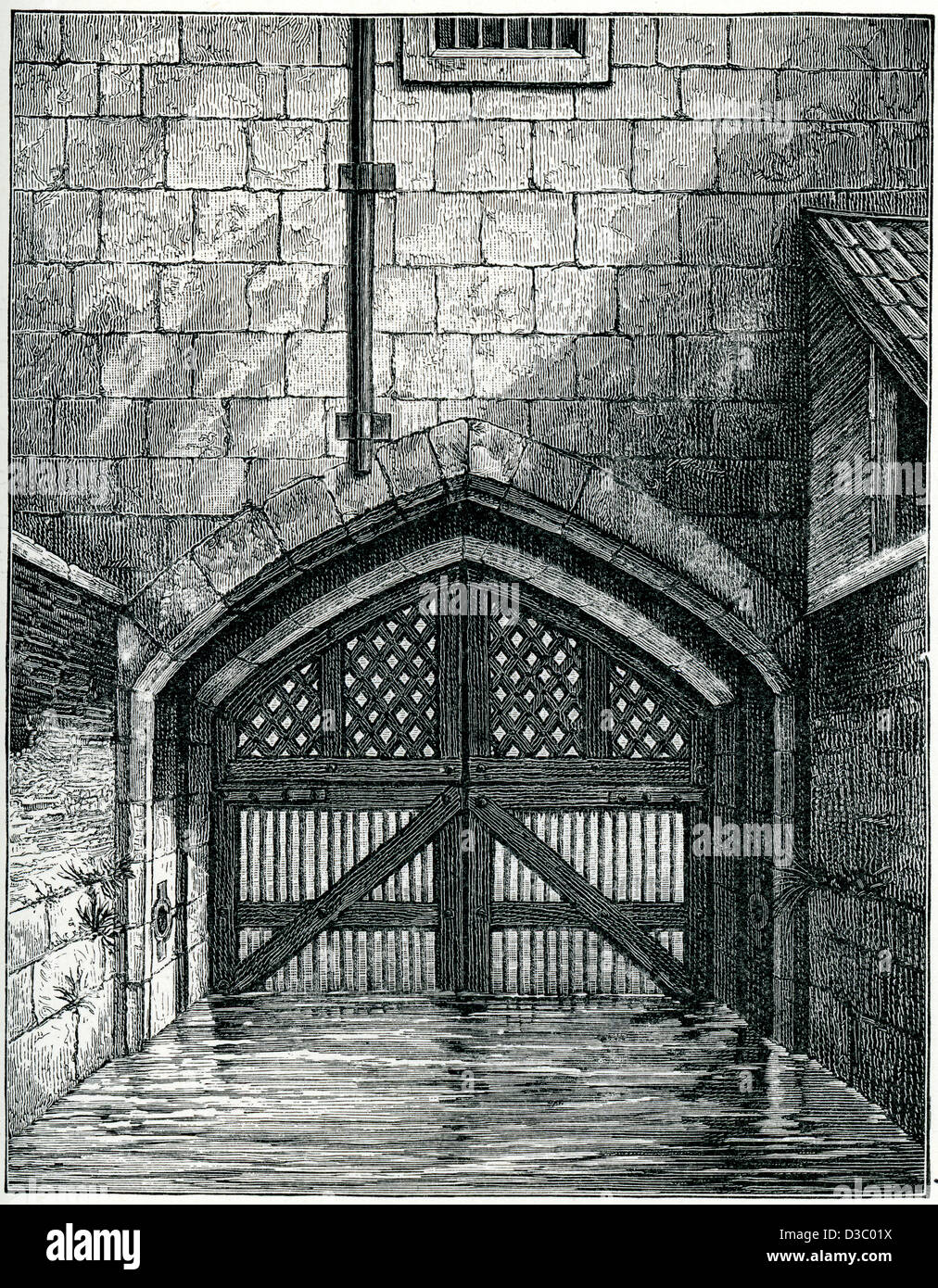 Incisione Vintage i traditori' Gate. Molti prigionieri dei Tudor entrato nella Torre di Londra attraverso i traditori' Gate. Foto Stock
