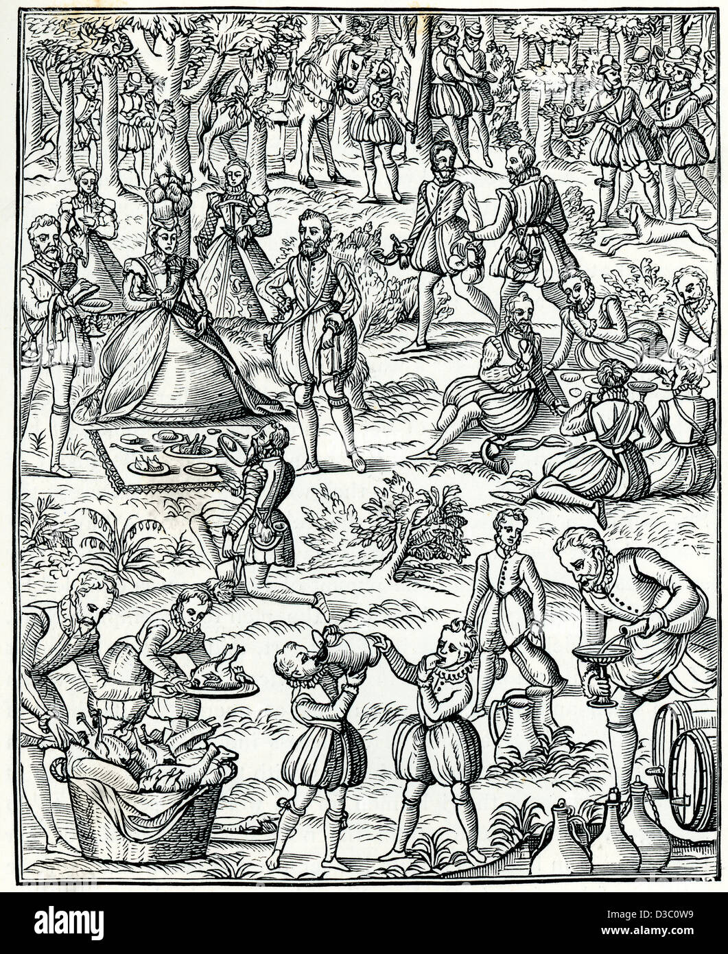 La regina Elisabetta I su un Royal Picnic, Turberville, Booke di caccia, 1575 Foto Stock