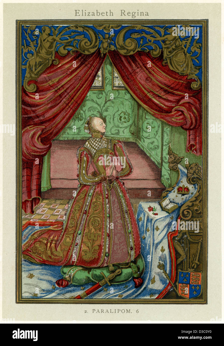 La regina Elisabetta I in preghiera, dopo il frontespizio a 'preghiera cristiana' 1569 Foto Stock