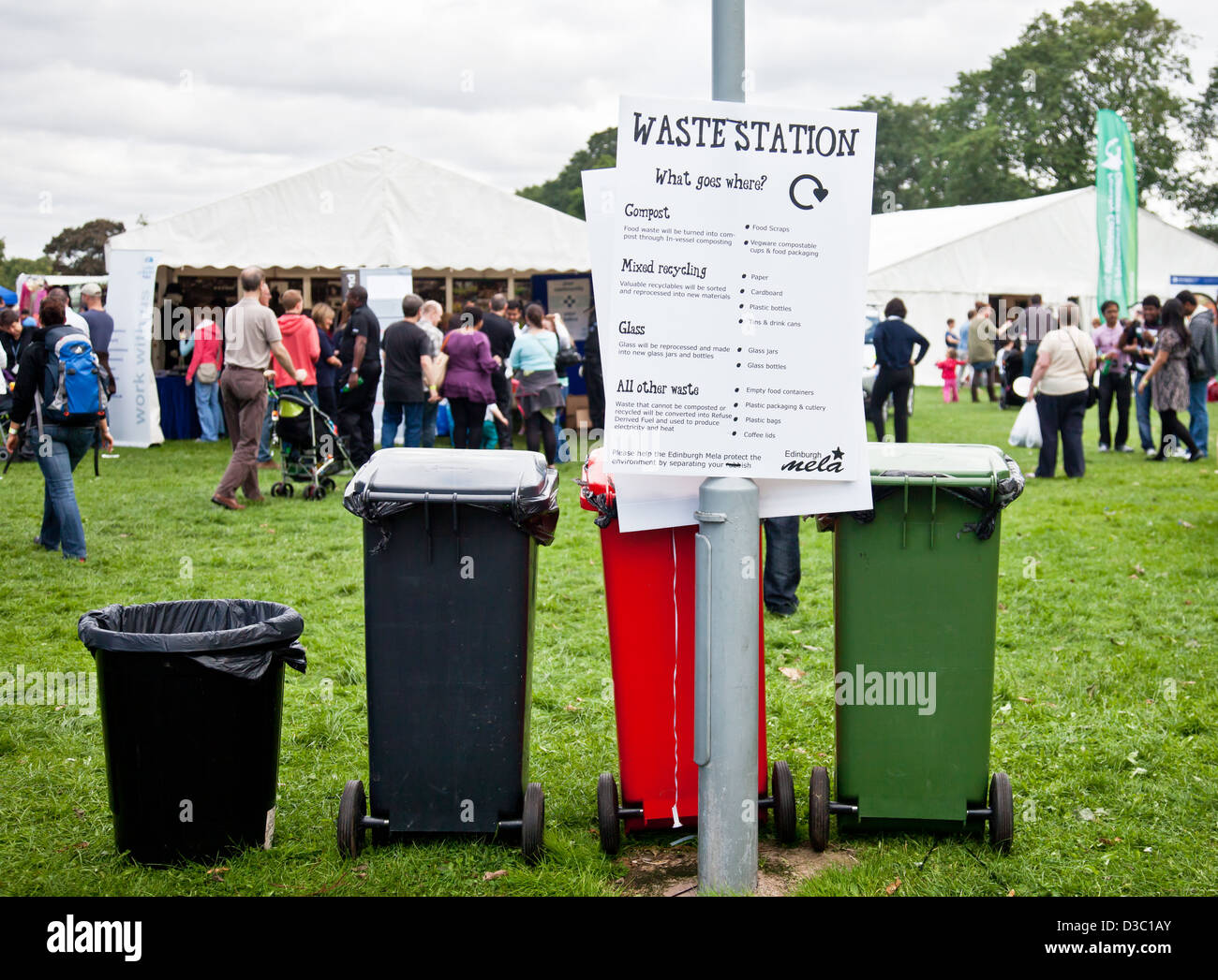 Avviso spiegare in quale colore-coded bin prodotti dovevano essere poste in un wastestation / punto di riciclaggio a Edimburgo Mela. Foto Stock