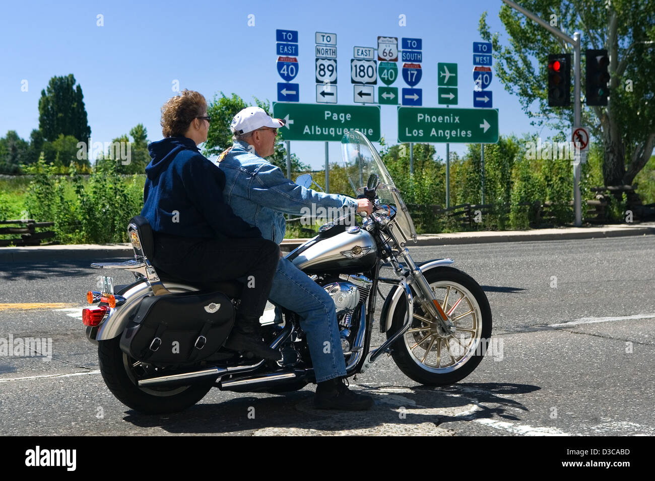 Indicazioni stradali sul percorso 66 a Flagstaff, in Arizona, Stati Uniti d'America Foto Stock