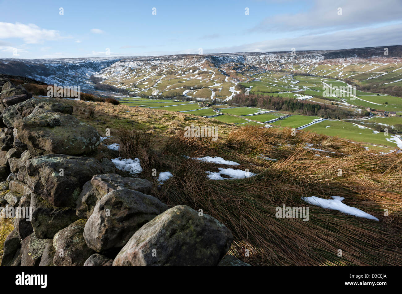 Vista su tutta la vallata a Fryup nel North York Moors National Park in inverno, Glaisdale, North Yorkshire, Regno Unito. Foto Stock