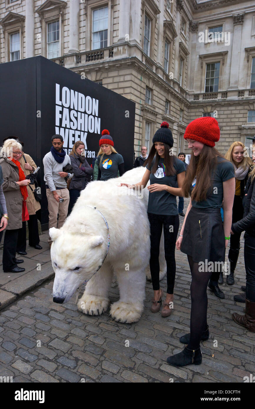 Greenpeace orso polare visite London Fashion Week 15 febbraio 2013 la Somerset House, London, England, Regno Unito, GB Foto Stock