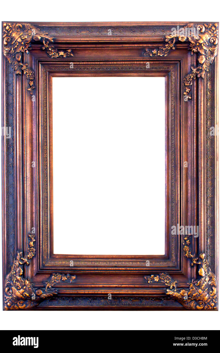Aspetto antico colore oro cornice immagine isolata su bianco. Foto Stock