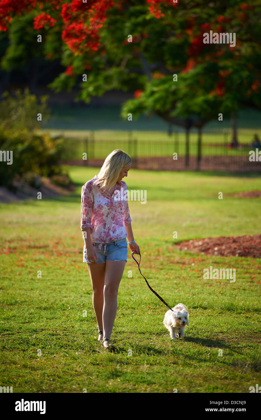 Giovane donna a piedi il suo cane nel parco Foto Stock