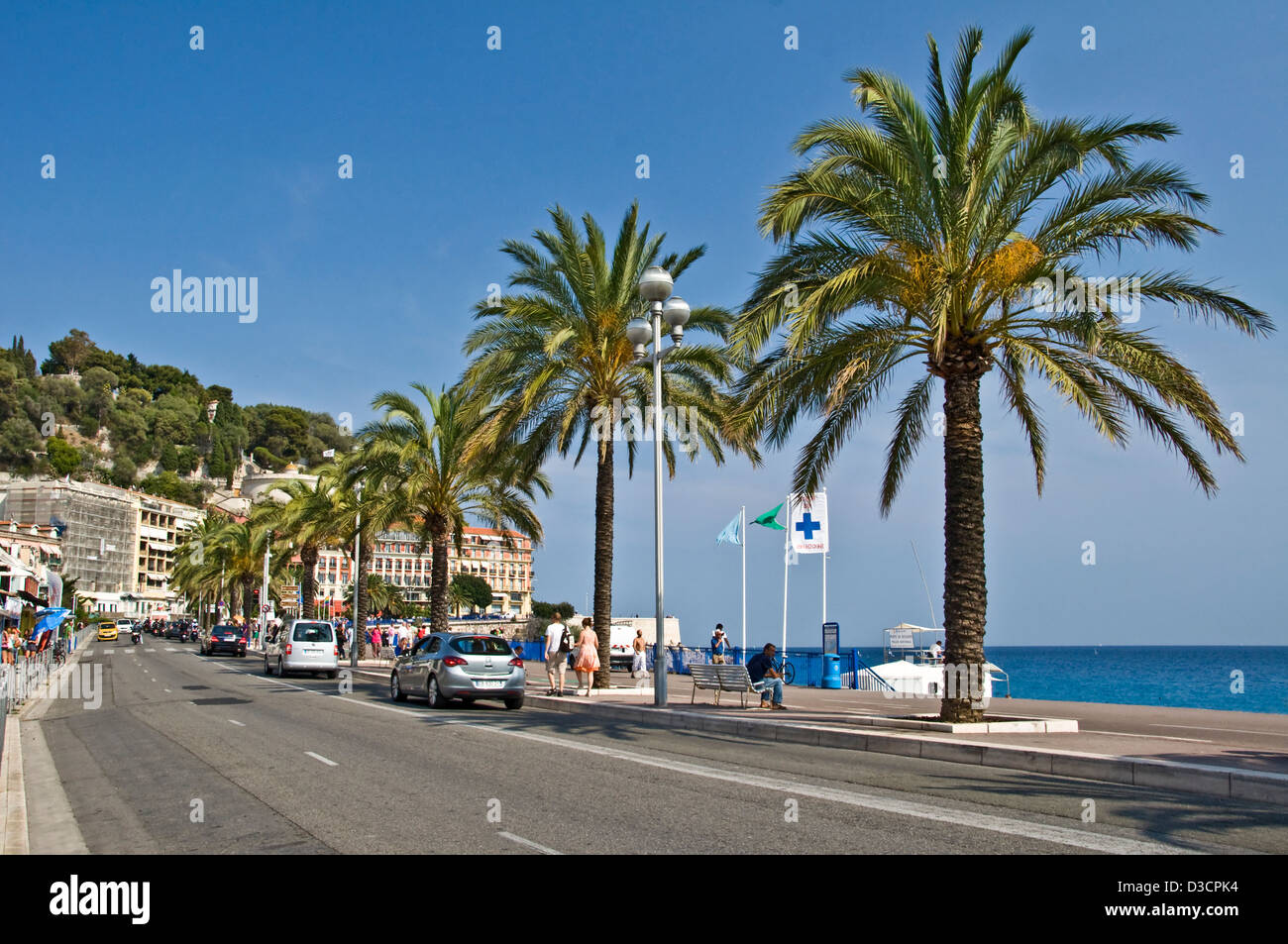 Palme sulla Promenade des Anglais (inglese) promenade di Nizza - Francia Foto Stock