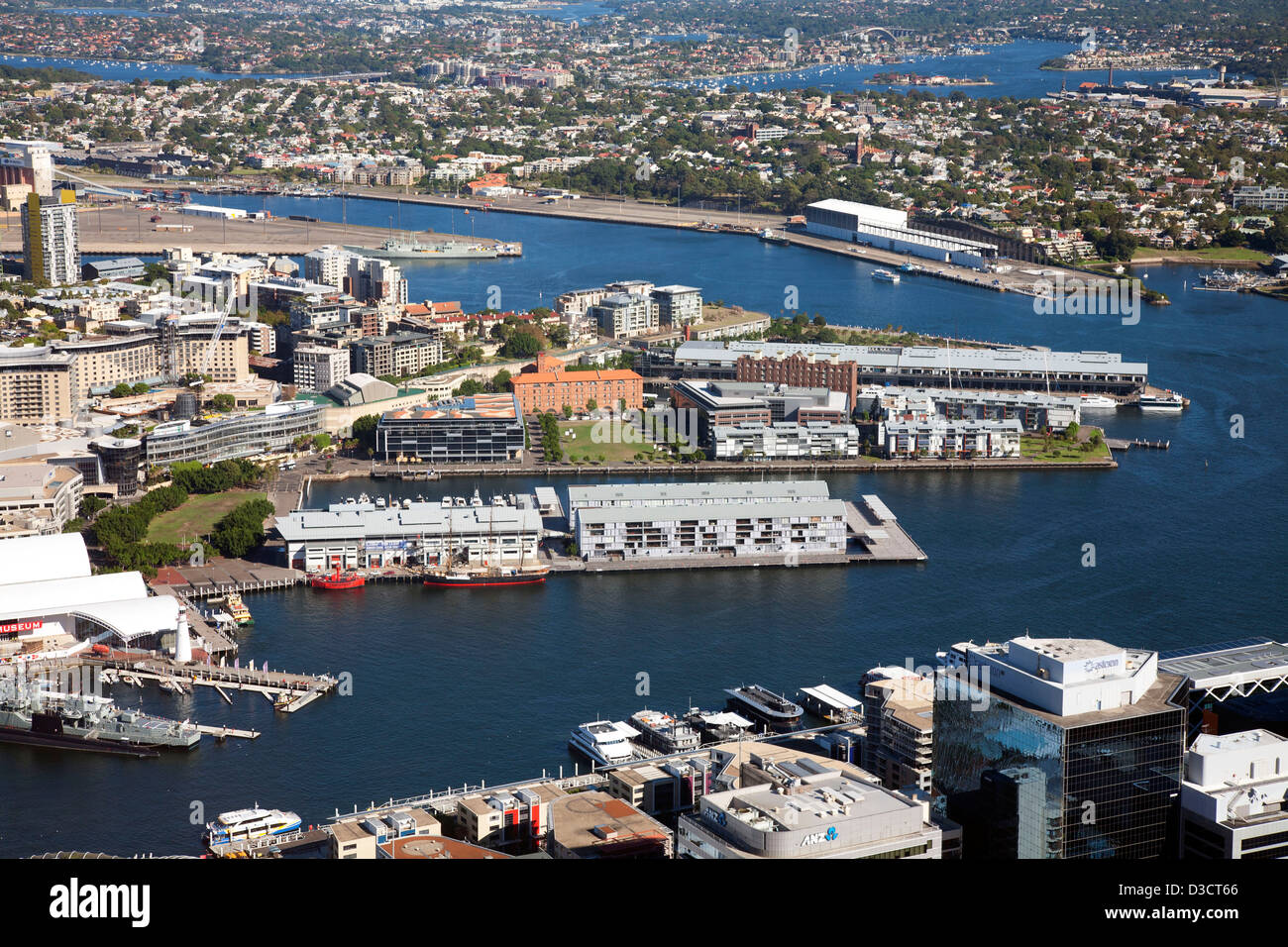 Elevata vista aerea di Darling casa sull'Isola del patrimonio di Sydney flotta riorganizzato di pontili residenziale Sydney Australia Foto Stock