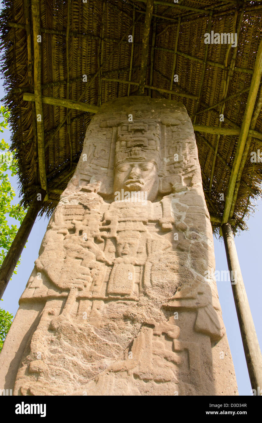 Guatemala, Quirigua rovine Maya parco archeologico (UNESCO). Dettaglio del riccamente intagliato stele di pietra. Foto Stock