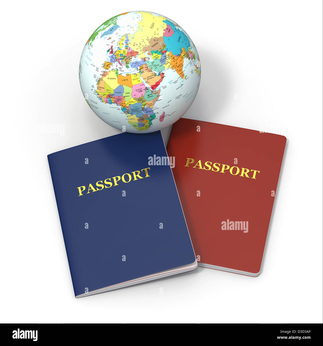 Viaggi nel mondo. Messa a terra e il passaporto su sfondo bianco. 3d Foto Stock