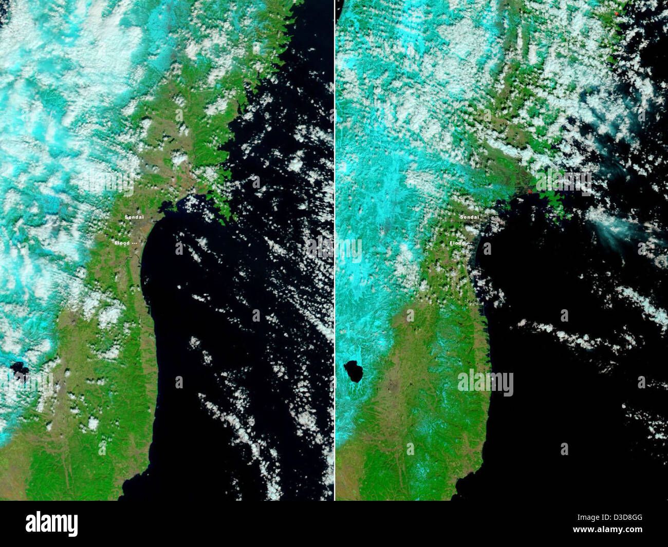 Un'immagine satellitare della NASA dalla stazione spaziale Internazionale mostra le conseguenze dello tsunami a Sendai, in Giappone. L'immagine evidenzia la devastazione causata dall'evento e le regioni costiere colpite a Honshu, in Giappone. Foto Stock
