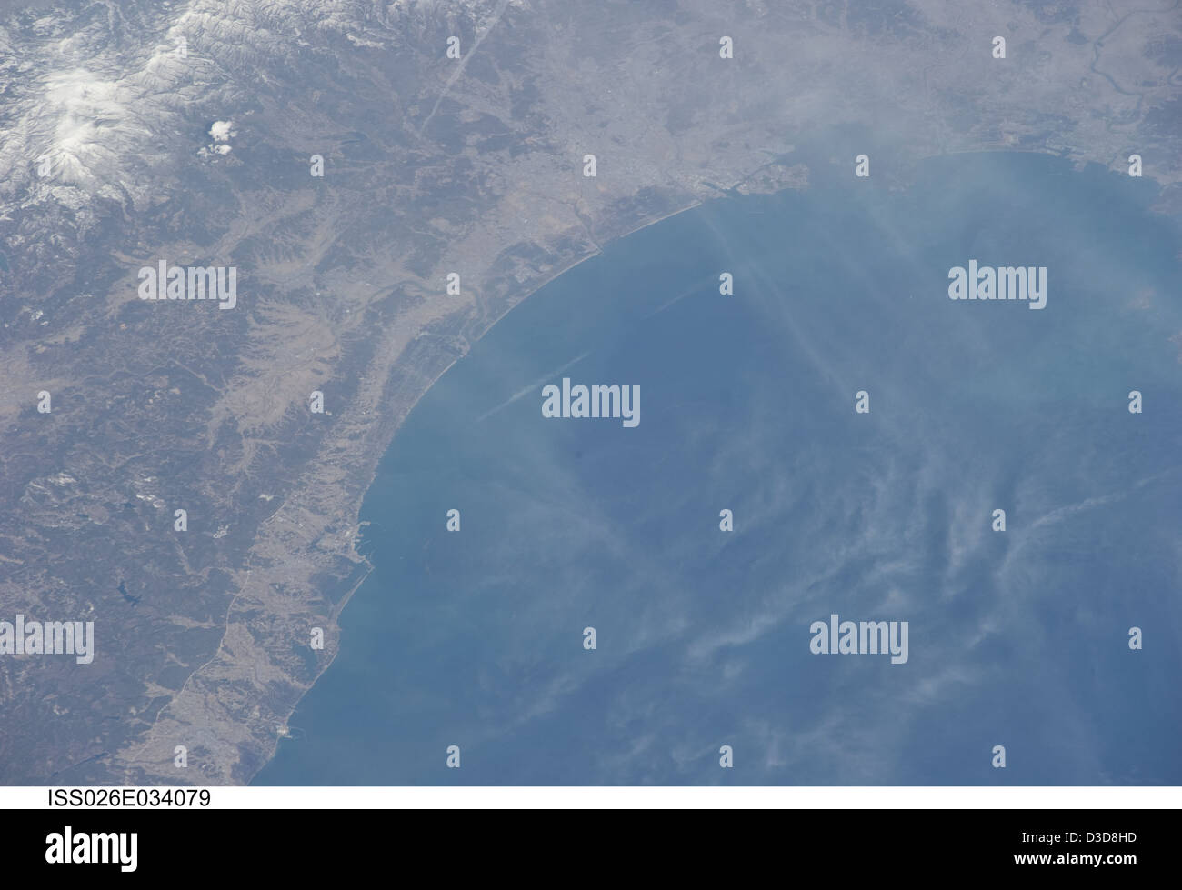 Allagamento dello Tsunami, Sendai, Giappone Regione costiera (NASA, 03/13/11) Foto Stock