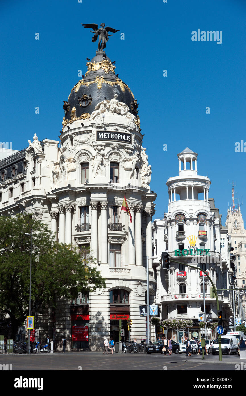 Edificio Metropolis all' angolo di Calle de Alcalá e Gran Via, Madrid, Spagna Foto Stock