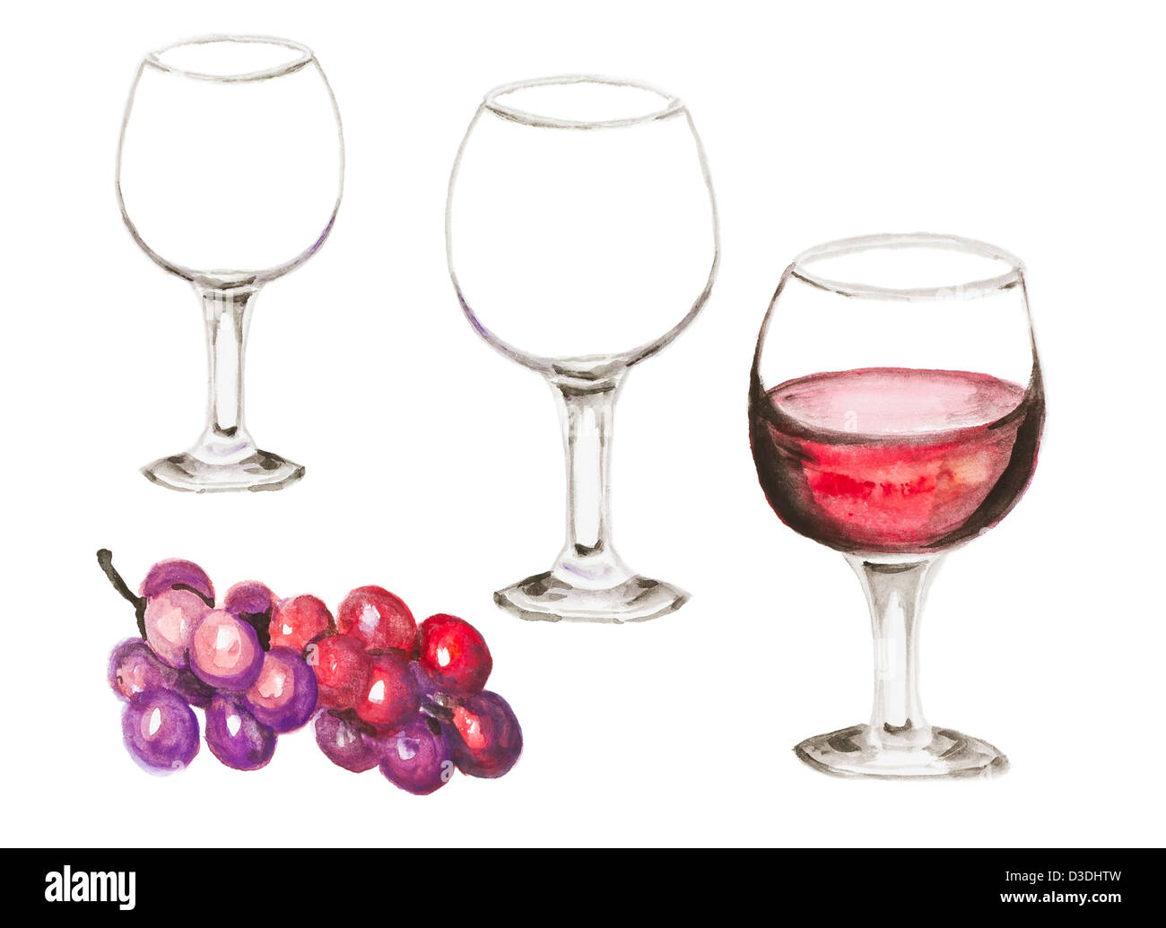 Wineglass con vino rosso e uva isolato - handmade pittura ad acquerello illustrazione su un libro bianco sullo sfondo di arte Foto Stock
