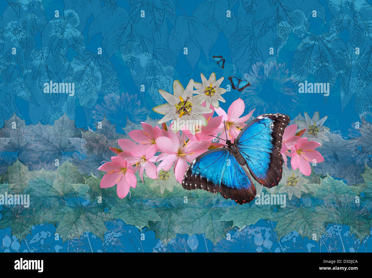 Morpho Magic - Fotoarte di blu Morpho farfalla sui fiori Foto Stock